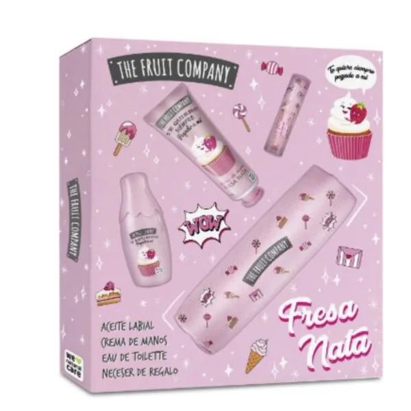 The Fruit Company - Coffret fraise et crème (huile pour les lèvres + crème pour les mains + eau de toilette + sac)